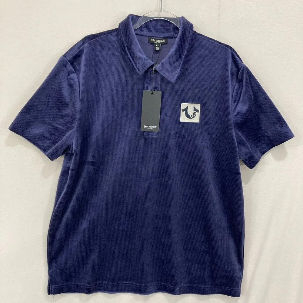 New True Religion Men's Velvet Velour Polo Shirt Medium Eclipse Navy Blue